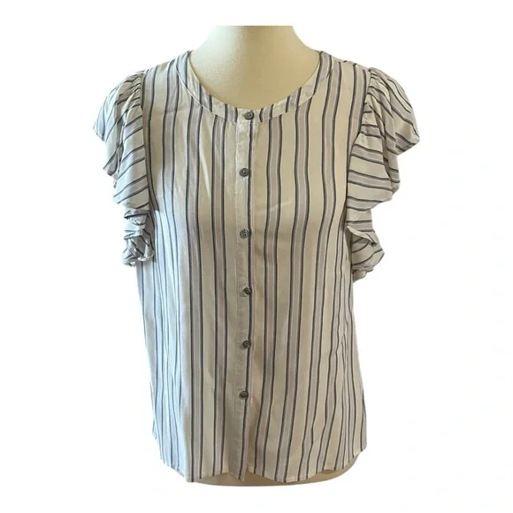 #105, 1. State Blue and White Ruffled Buttoned Blouse, size M - Picture 1 of 3